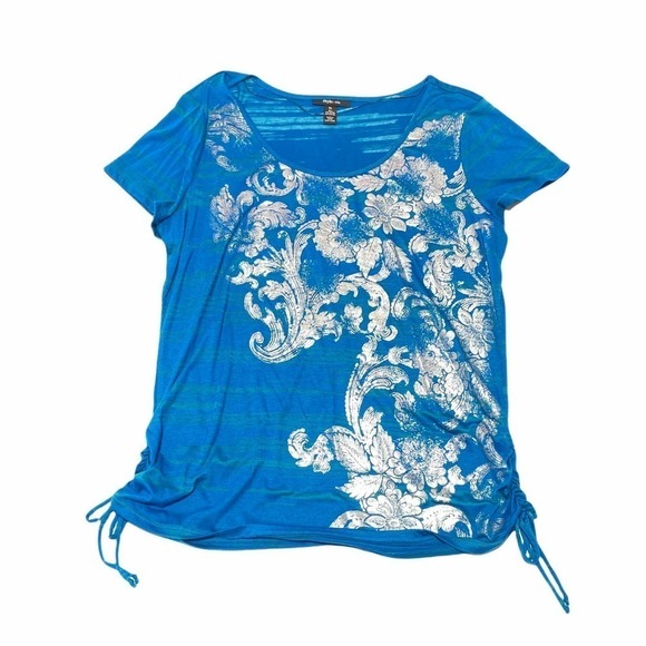 STYLE & Co Blue & Metallic Silver Graphic Short Sleeve Cinched Tie Waist Blouse - Picture 1 of 10
